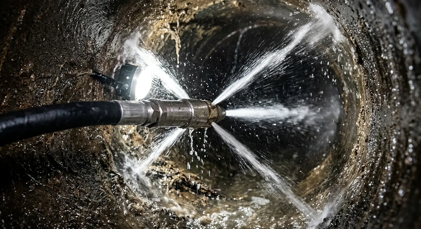 High-pressure hydro jetting nozzle cleaning sewer pipe for Sewer Cleanout in White Knoll