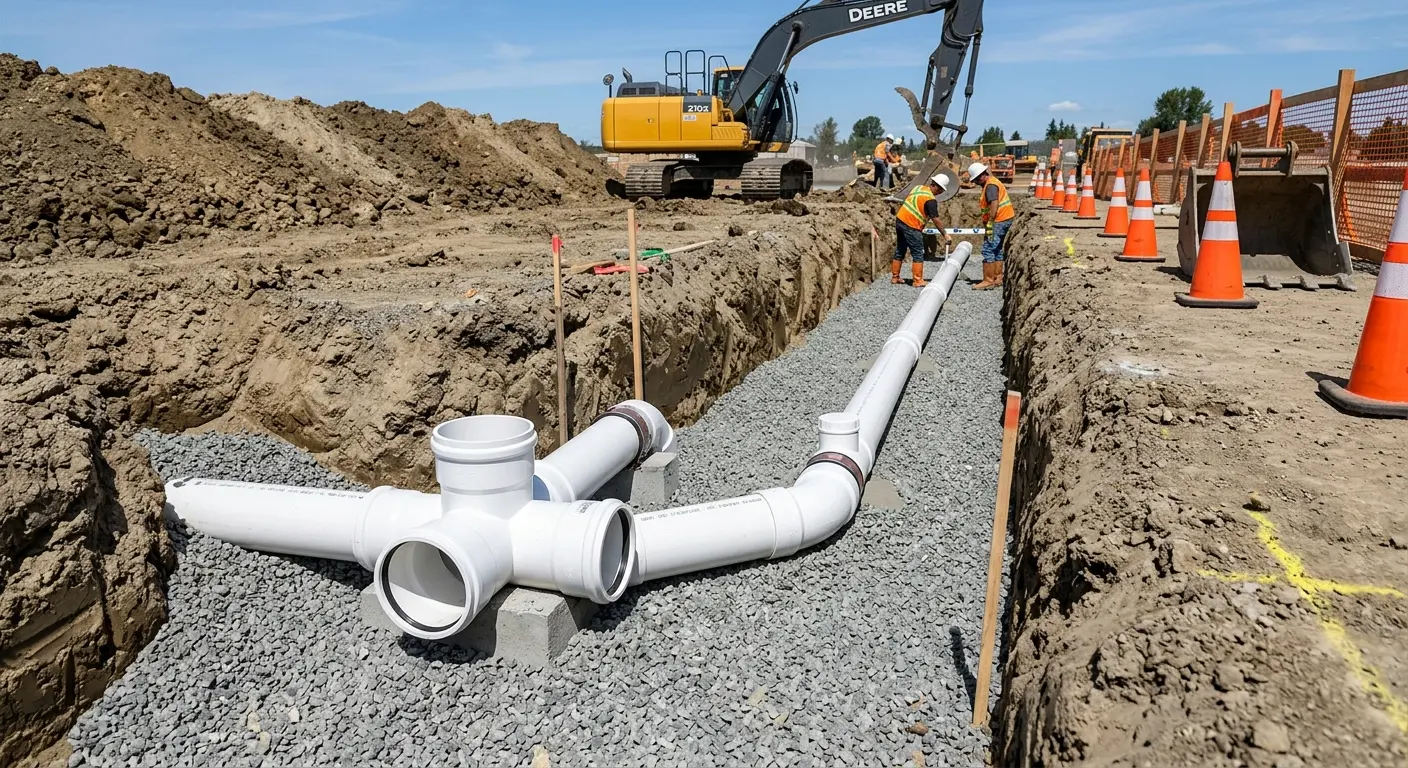New PVC sewer pipe installation in open trench for Sewer Backup in White Knoll