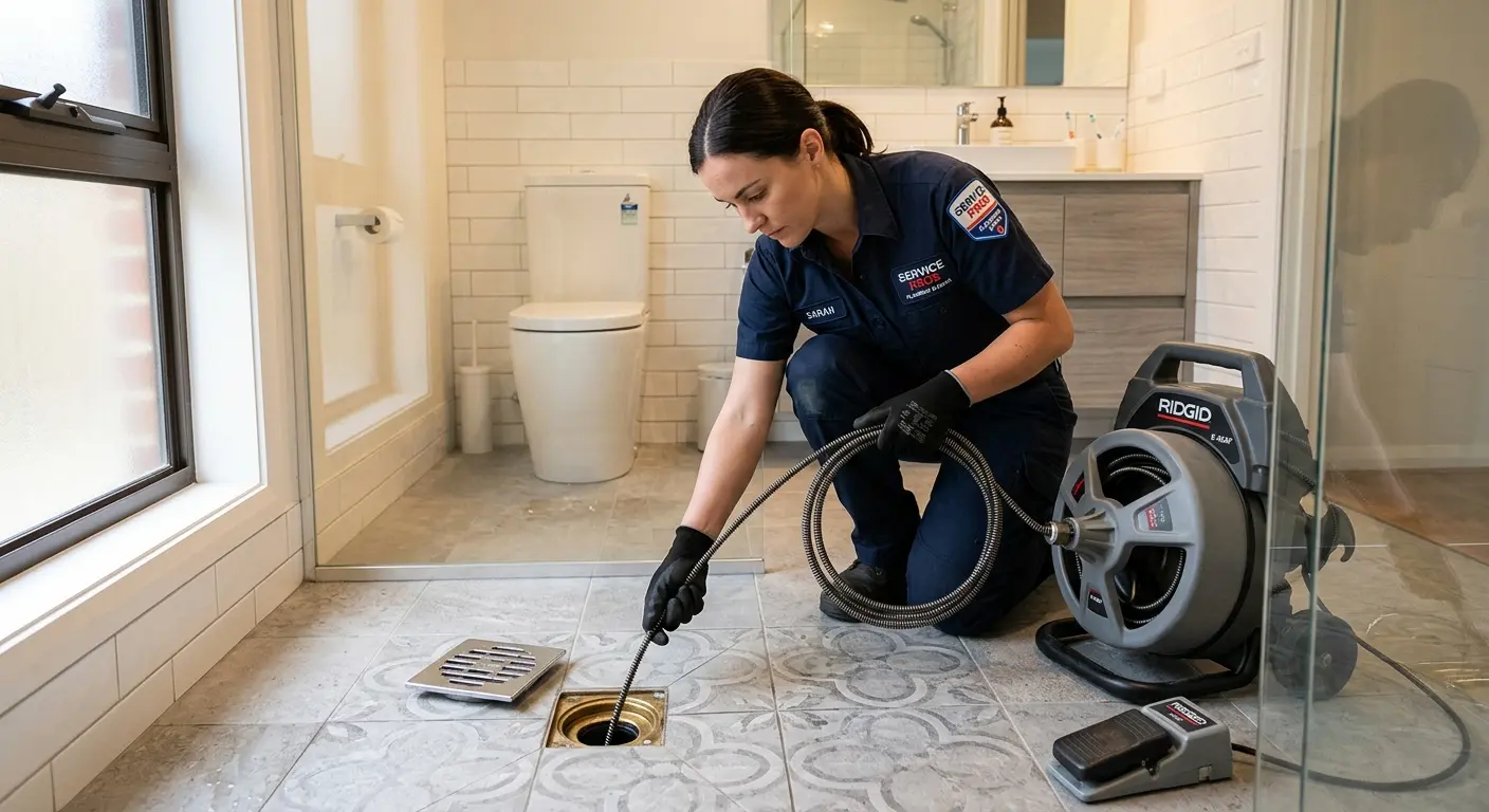 Technician clearing a bathroom floor drain for Sewer Line Replacement in White Knoll